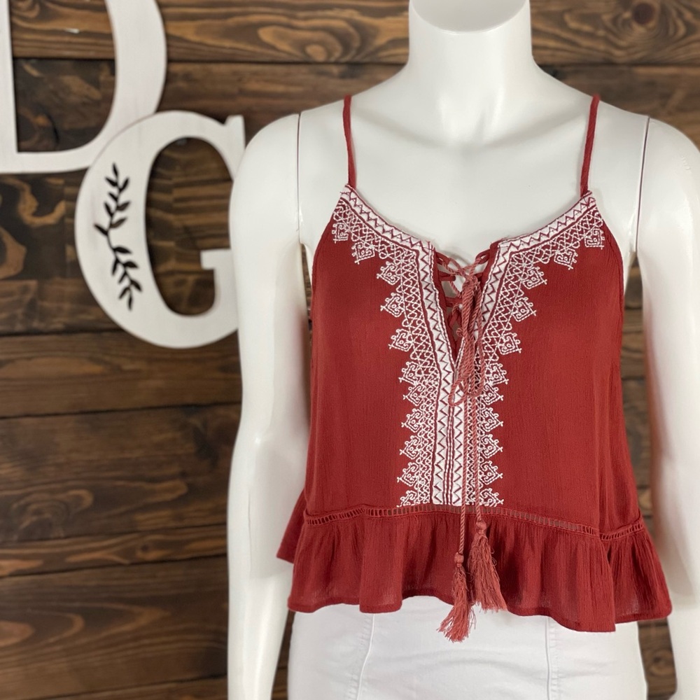 Papaya | Rust Embroidered Cami Crop Lattice Lace Ruffle‎ Peplum Tassel Tie Front